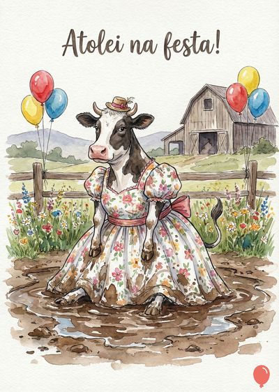 Uma vaca manchada de branco e preto na lama, usa um vestido floral e chapéu. Há balões e uma cerca de madeira. A cena é uma fazenda. O título diz «Atolei na festa!».
