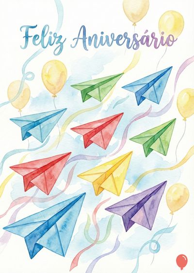 Aquarela de «Feliz Aniversário» com aviões de papel coloridos. Balões amarelos e fitas coloridas flutuam. Estilo aquarelado com tons pastel e sobre uma composição com céu azul.