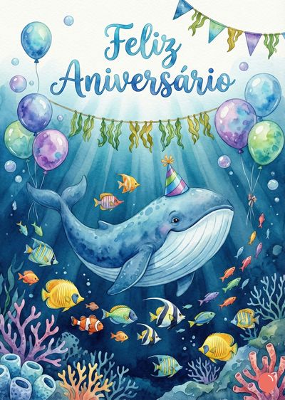 Um cartão de aniversário com baleia azul usando chapéu de festa, cercada por peixes coloridos e balões. A mensagem «Feliz Aniversário» é visível no topo, com a bandeira com algas marinhas e balões.