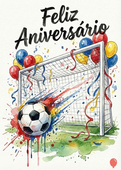 Um cartão de feliz aniversário em aquarela. Uma bola de futebol vai em direção à trave. Balões e fitas coloridas festejam. Acima, a declaração «Feliz Aniversário».