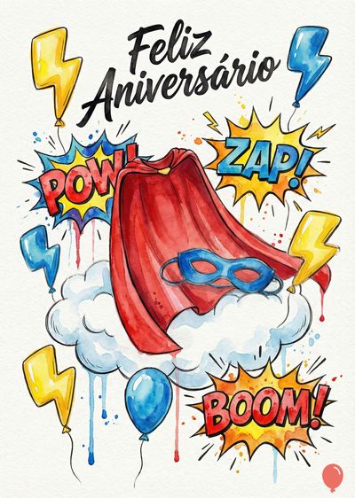 Um cartão de «Feliz Aniversário» com capa vermelha, máscara azul e balões. Estilos «POW», «ZAP» e «BOOM» em explosões coloridas e raios amarelos e azuis.