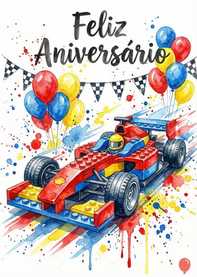 Uma aquarela celebra um aniversário; um carro de corrida feito com blocos coloridos, balões coloridos e a frase «Feliz Aniversário» em cima.