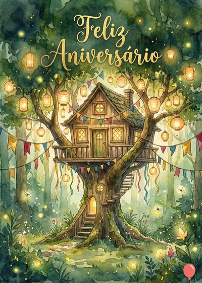 Aquarela. Um evento em uma casa na árvore decorada com lanternas e bandeirinhas. Em cima, a mensagem dourada «Feliz Aniversário».