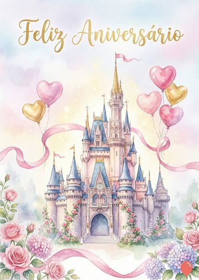 Castelo rosa com torres azuis e douradas, balões em forma de coração, laços e flores rosas. Contém a mensagem «Feliz Aniversário» em dourado. Estilo aquarela.