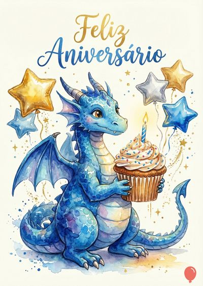 Um dragão azul segurando um cupcake com vela e balões em forma de estrela. Acompanha a frase «Feliz Aniversário» em dourado e azul. Estilo aquarela.
