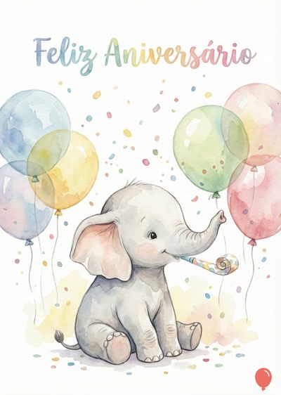 Um cartão de aniversário com um elefante cinza sentado soprando uma apito. Balões coloridos e confetes espalhados. A inscrição «Feliz Aniversário» em aquarela.