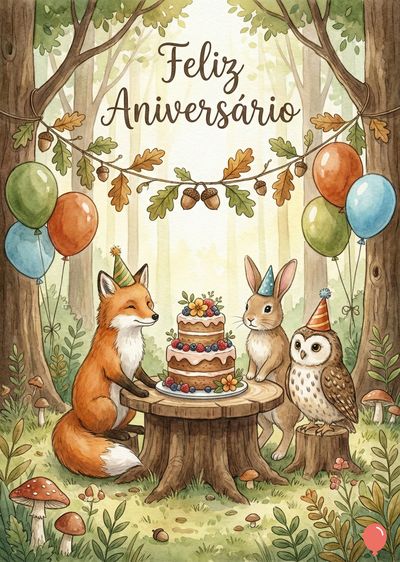 Animais na floresta em aquarela, com balões e bolo. Ra: raposa, coelho e coruja com chapéus de festa em frente a uma mesa com bolo. Banner com «Feliz Aniversário».