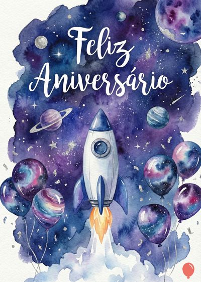 Aquarela de foguete branco, balões e planetas sobre um céu estrelado escuro.  A frase «Feliz Aniversário» em branco, com efeito de caligrafia, está escrita no centro.