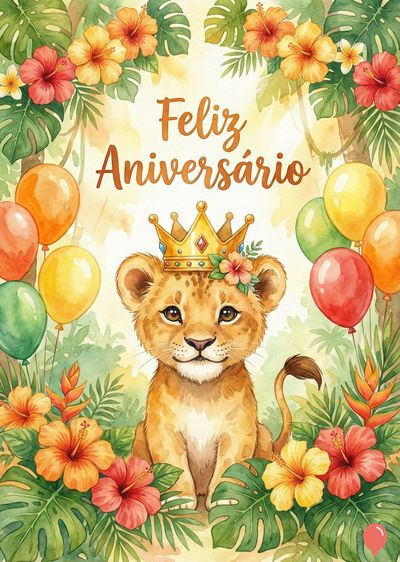 Um filhote de leão com coroa e flores, em meio a folhagens e flores. Balões coloridos. As letras «Feliz Aniversário» em marrom. Estilo aquarela.