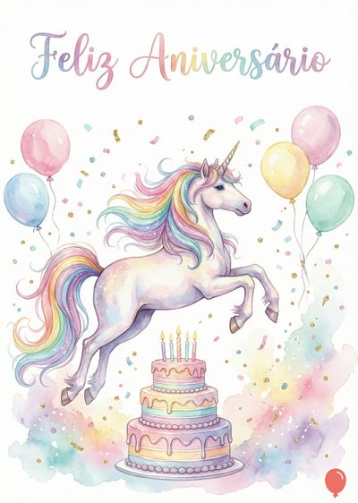 Um unicórnio branco com crina e cauda coloridas pula sobre um bolo de três andares com velas. Balões e confetes. No topo, a frase  «Feliz Aniversário» escrita em tom pastel.