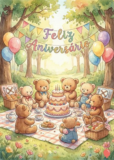 Cena de festa de aniversário com ursinhos de pelúcia em um piquenique. A cena aquarelada mostra ursos sentados em volta de um bolo de 3 andares e uma toalha xadrez, com balões e uma faixa com «Feliz Aniversário».