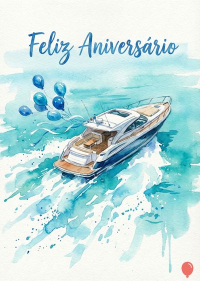 Um barco branco e azul em aquarela com balões azuis e a escrita «Feliz Aniversário» em azul sobre água turquesa.