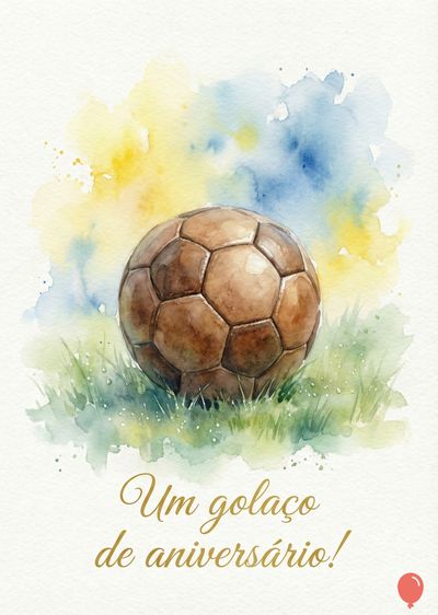 Desenho em aquarela de uma bola de futebol marrom em gramado verde, com respingos de aquarela amarela e azul ao fundo.  Abaixo, a frase «Um golaço de aniversário!». Há um balão vermelho.
