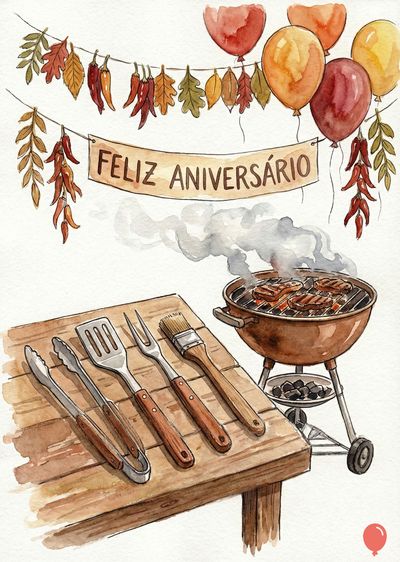 Uma pintura em aquarela de um churrasco. Acima, balões e um banner que diz: «Feliz Aniversário». Na mesa, utensílios de churrasco. Ao lado, uma churrasqueira com carnes grelhadas.
