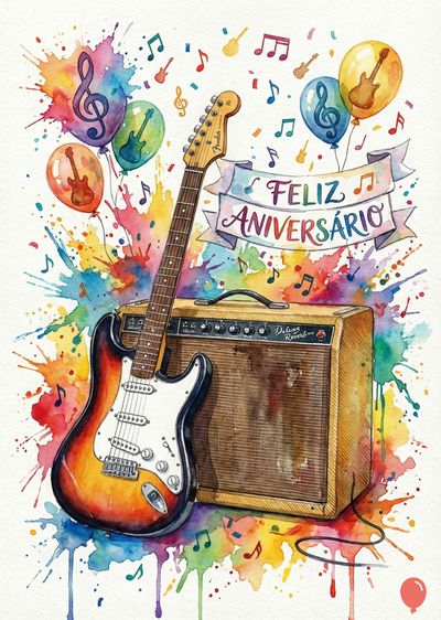 Aquarela de guitarra encostada em amplificador, com respingos coloridos e notas musicais. Balões com guitarras e pauta com «FELIZ ANIVERSÁRIO».