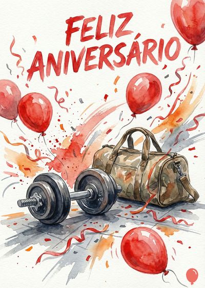 Cumprimento aquarelado com balões e confetes vermelhos. Uma haltere e uma mala de ginástica marrom aparecem. Em cima, a mensagem «Feliz Aniversário» em vermelho.