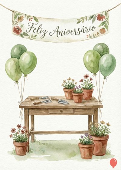 Aquarela de feliz aniversário com balões verdes, mesa de madeira com ferramentas de jardinagem, vasos de flores e faixa com «Feliz Aniversário».