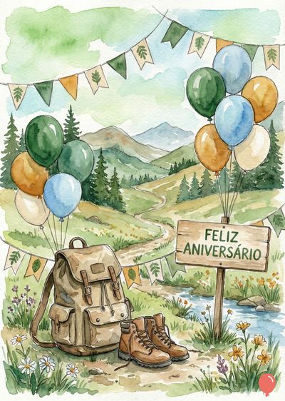 Aquarela de paisagem montanhosa com balões, mochila, botas e faixa. Um letreiro de madeira diz «Feliz Aniversário». Estilo artístico com cores suaves e detalhes.