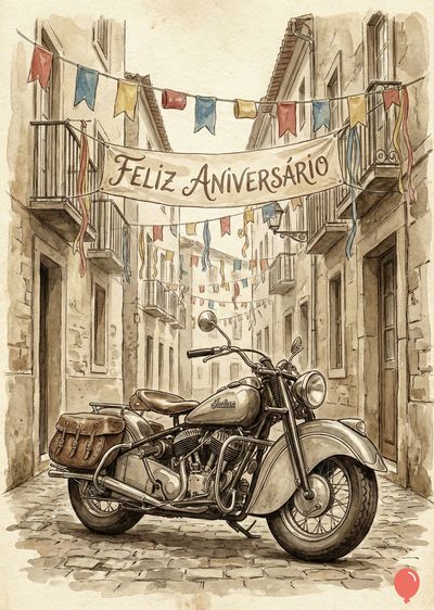 Rua com casarões em tons terrosos, adornada com bandeirolas coloridas e faixa com «Feliz Aniversário». No chão, moto clássica cinza com alforges de couro. Aquarela.