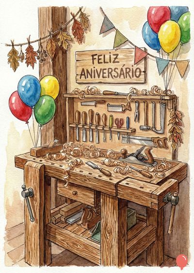 Uma oficina de carpinteiro desenhada em aquarela. Mesa de madeira rústica, ferramentas penduradas, serragem. Balões e enfeites pendurados. Letreiro com «Feliz Aniversário».