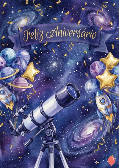 Aquarela com temática espacial. Cometas e galáxias roxas e azuis. Balões de planetas dourados, azuis e roxos. Um telescópio e foguetes. Uma faixa com «Feliz Aniversário» e confetes dourados.