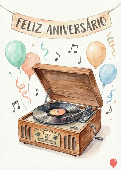Aquarela de vitrola de madeira com balões, notas musicais e fita. Faixa com frase «FELIZ ANIVERSÁRIO». Cores: marrom, tons pastel e preto. Estilo: aquarela.