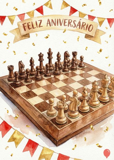 Desenho de aquarela de um tabuleiro de xadrez com peças em posição inicial, com uma faixa com o escrito «Feliz Aniversário» e confetes dourados. Bandeirolas vermelhas e douradas decoram.