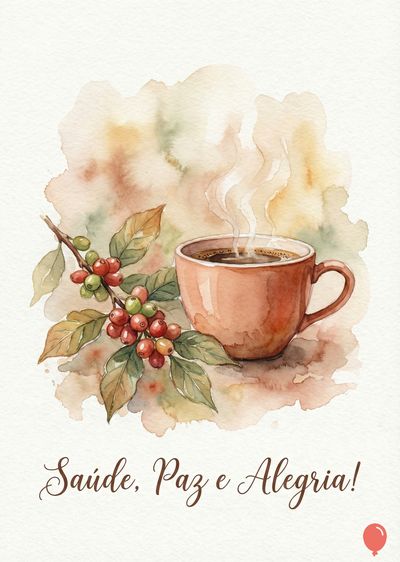 Aquarela de xícara coral com café fumegante, grãos e folhas de café em galho, sobre manchas castanhas. Abaixo, frase manuscrita: «Saúde, Paz e Alegria!».