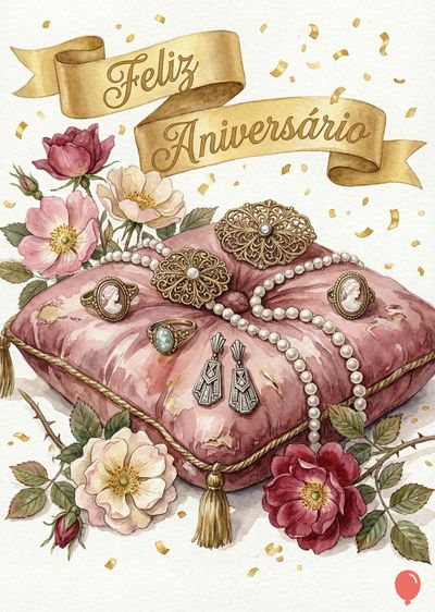 Aquarela de itens de joalheria sobre almofada rosa. Duas faixas douradas com «Feliz Aniversário», flores e confetes dourados. Aneis, brincos e colares. Estilo vintage.