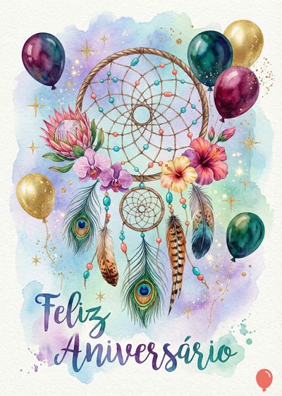 Composição aquarelada de filtro de sonhos com flores, penas e balões. Inscrição «Feliz Aniversário» em fonte cursiva. Cores: roxo, rosa, verde, dourado.