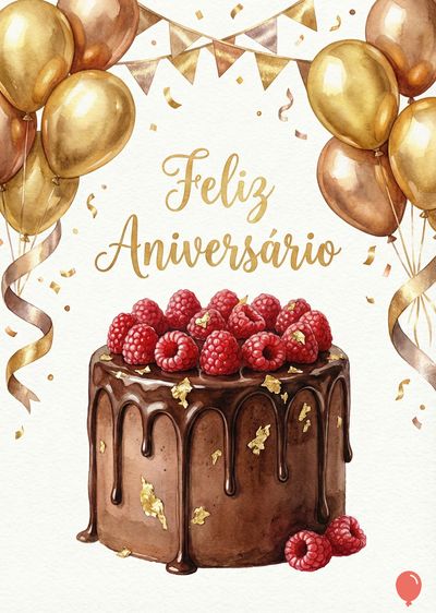Bolo de chocolate com cobertura escorrida, coberto com framboesas e detalhes dourados. Balões, confetes e faixa em tons dourados. Letras douradas «Feliz Aniversário».