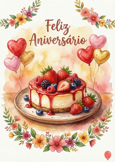 Um bolo de queijo com cobertura vermelha e frutas vermelhas, em aquarela. Balões em formato de coração e flores decoram o contorno. A mensagem «Feliz Aniversário».