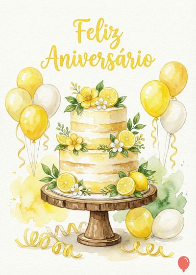 Bolo de aniversário aquarelado com limões, flores e balões amarelos e brancos. Um banner superior contém a frase «Feliz Aniversário» em amarelo.