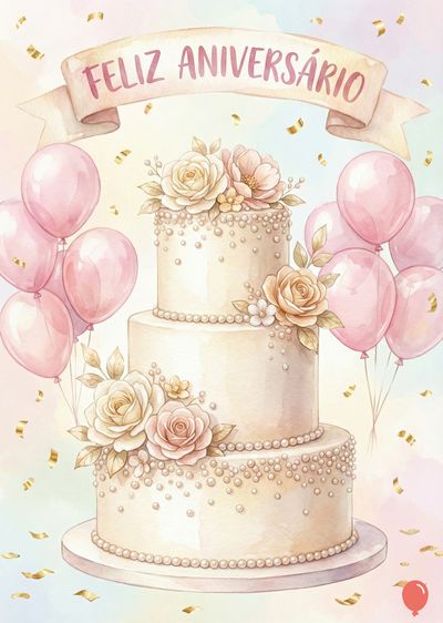 Bolo de aniversário de três andares, decorado com flores e pérolas. Balões rosa e confetes dourados. Faixa com a frase «Feliz Aniversário». Aquarela.
