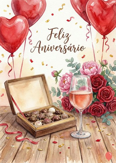 Aquarela com balões de coração, caixa de bombons, rosas, taça de vinho e confetes. No topo, a escrita «Feliz Aniversário». Estilo artístico com tons pastéis e textura de aquarela.