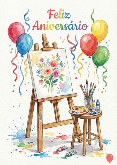 Aquarela: cavalete de madeira com tela de flores, balões e fitas coloridas. Pote com pincéis, banquinho com paleta e tintas. Diz: «Feliz Aniversário».