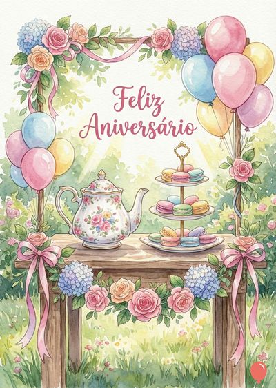 Aquarela. Mesa decorada com bule, macarons e flores. Balões e laços rosa. Um arco floral circunda a escrita «Feliz Aniversário», em rosa. Jardim ao fundo.