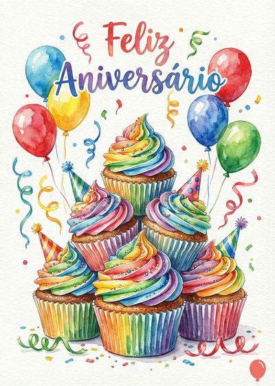 Cartão de Feliz Aniversário em aquarela. Cupcakes coloridos com topos de chantili em arco-íris, balões e confete. A frase «Feliz Aniversário» em letras vermelhas e azuis.