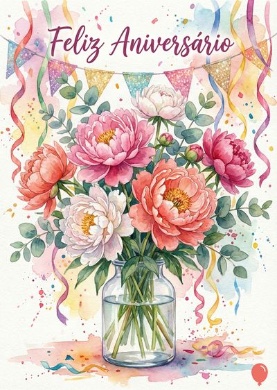 Buquê de peônias cor-de-rosa, coral e branca em um vaso de vidro. Fitinhas coloridas e um varal de bandeirinhas. Acima, «Feliz Aniversário» em fonte cursiva.