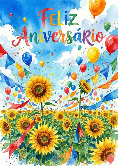 Aquarela com girassóis, balões coloridos, bandeirolas e céu azul. Acima, a inscrição «Feliz Aniversário» em cores vibrantes. Estilo artístico.