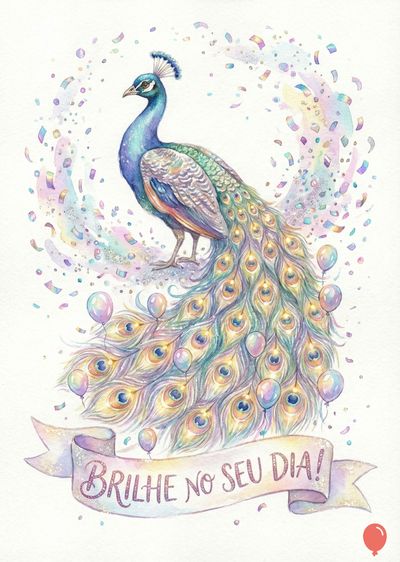 Um pavão aquarelado com plumagem colorida em tons de azul, verde e amarelo, cercado por confetes e balões. Uma faixa com a frase «Brilhe no seu dia!» abaixo.