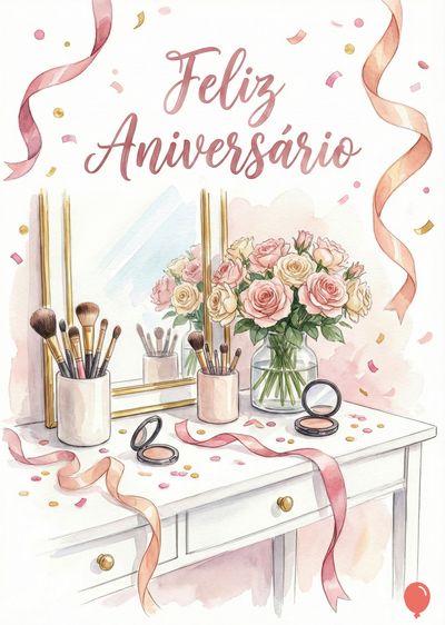 Cena em aquarela de um toucador branco com espelho e flores.  Escovas, maquiagem e fitas rosa; com mensagem «Feliz Aniversário» em fonte cursiva. Confetes dourados e rosas.