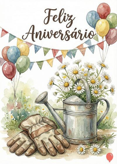 Um cartão aquarelado com flores em um regador, balões e luvas. Sobre eles, a frase «Feliz Aniversário». Bandeirinhas decoram o topo.