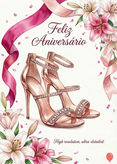 Um par de sandálias douradas com pedras, flores de lírio rosa e branco, fita rosa e confetes.  A mensagem «Feliz Aniversário» é visível, com «High resolution, ultra-detailed». Estilo aquarela.
